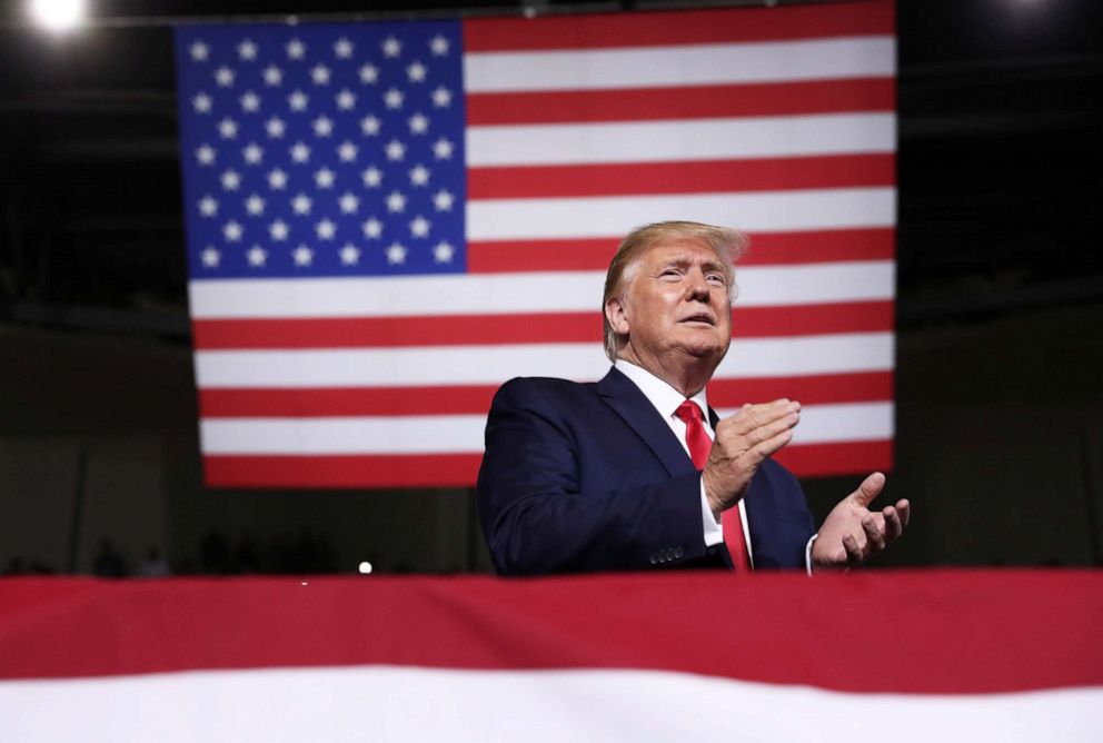 PHOTO: President Donald Trump rallies with supporters in Manchester, N.H., Aug. 15, 2019.