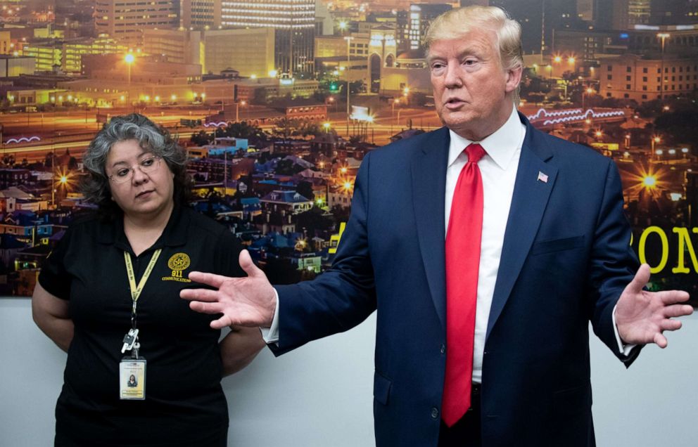 PHOTO: President Donald Trump addresses the press during a visit to El Paso Regional Communications Center in El Paso, Texas, August 7, 2019, following last weekends mass shootings.