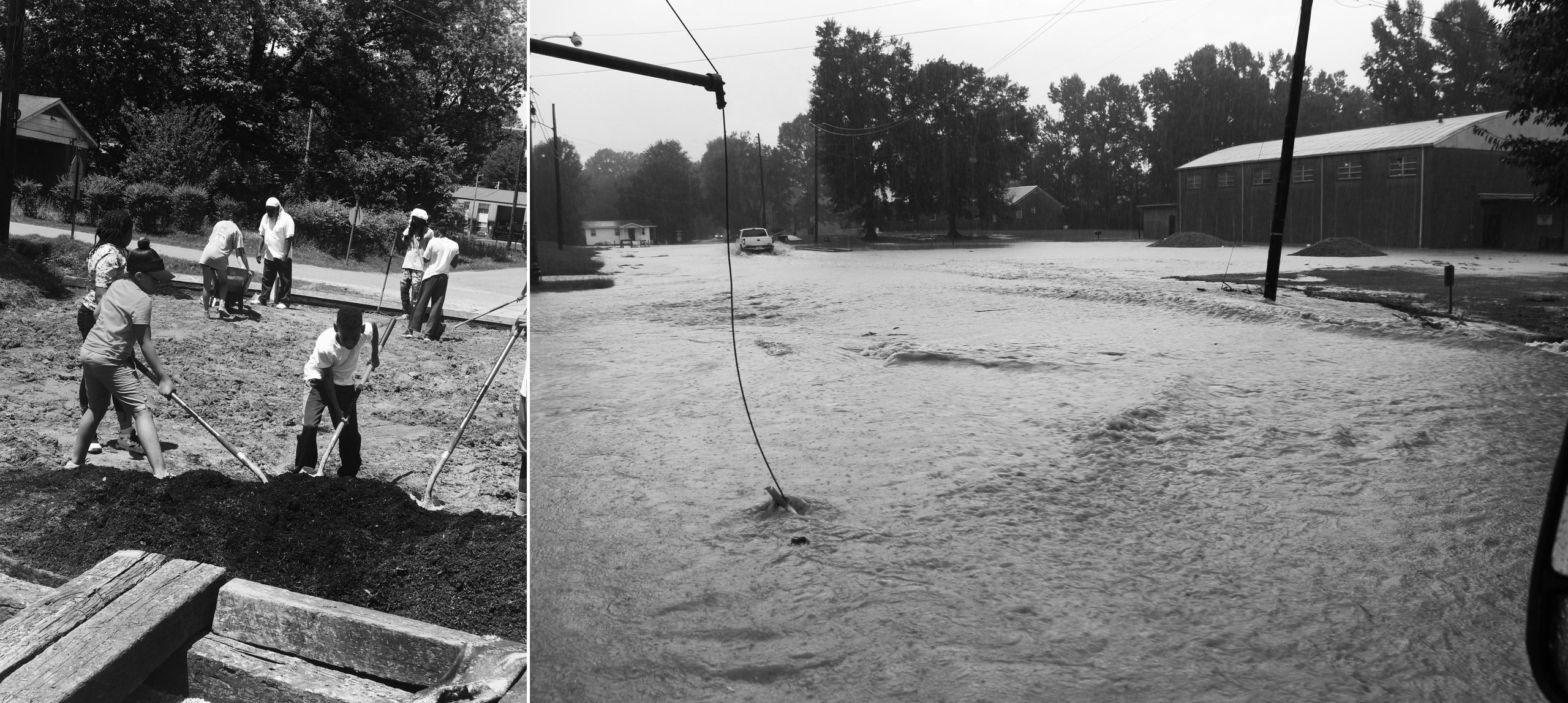 Right: A street in the town looked like after a storm before it had an updated drainage system. Left: Kids in Creek Rangers h