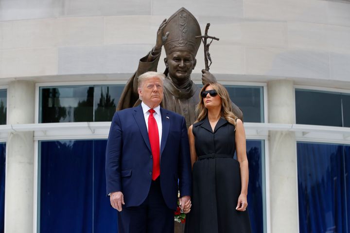 President Donald Trump and first lady Melania Trump visit Saint John Paul II National Shrine, June 2, in Washington.