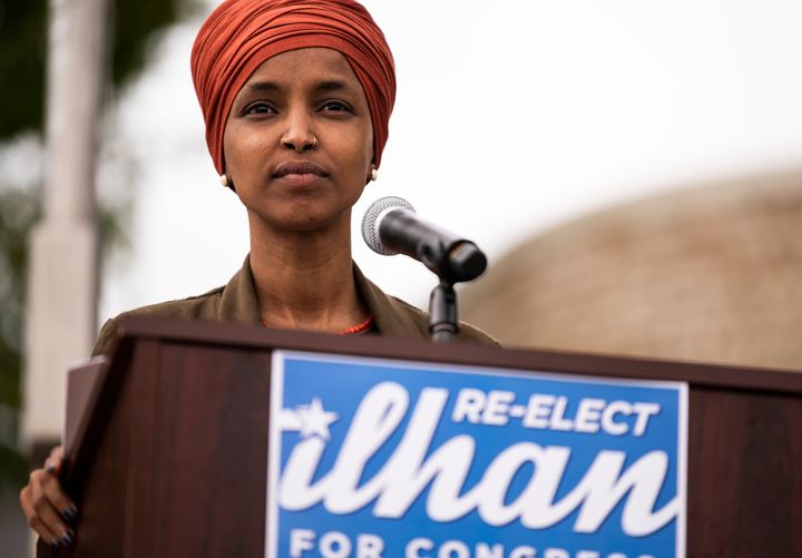Rep. Ilhan Omar (D-Minn.) speaks at a news conference in St. Paul, Minnesota, Wednesday. Omar is locked in an unexpectedly co