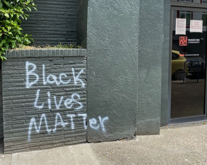 The tagging happened in June, early on in the protests. As Portland has become a hotbed of clashes between federal forces and protesters, associate pastor Michelle Jones said the mural "reminds those who see it that with so many things happening at the same time, justice matters."