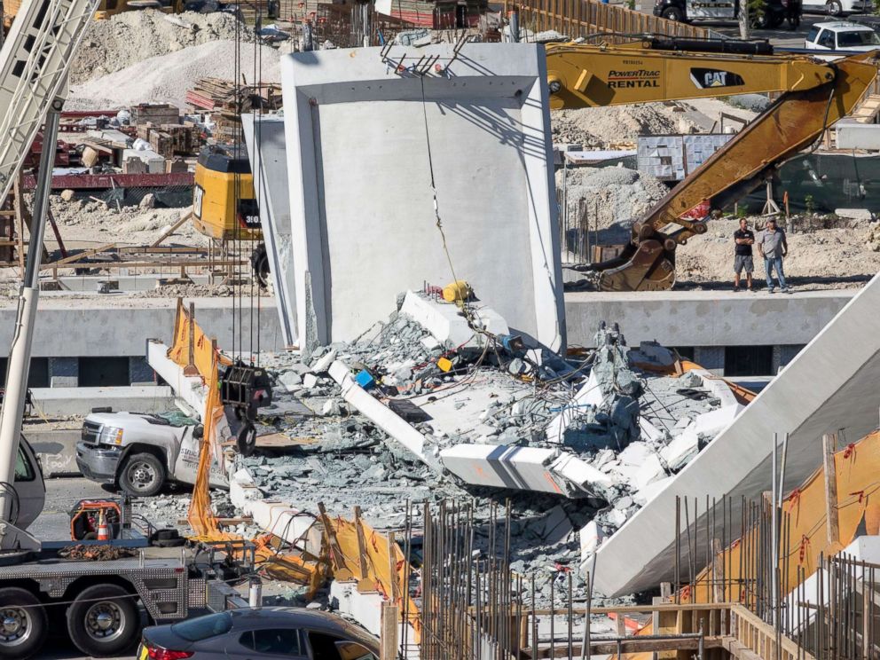 PHOTO: A pedestrian bridge collapsed on the Florida International University campus in Miami, March 15, 2018. 