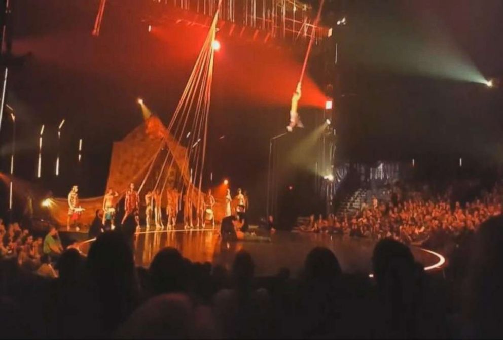 Doctors are seen tending to Yann Arnaud after he fell to the stage during Cirque du Soleils performance of Volta on March 17, 2018.