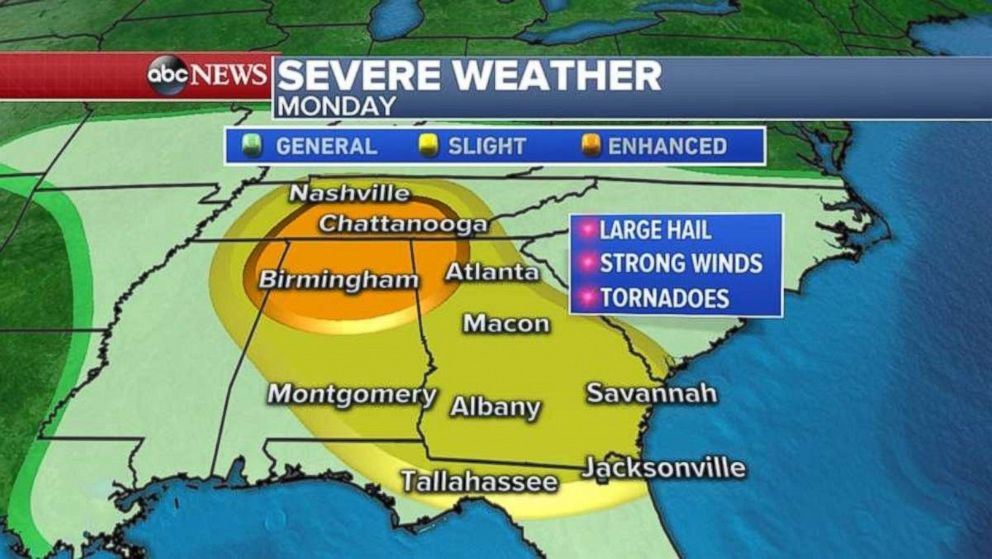 Large hail, strong winds and tornadoes could form across the South on Monday.