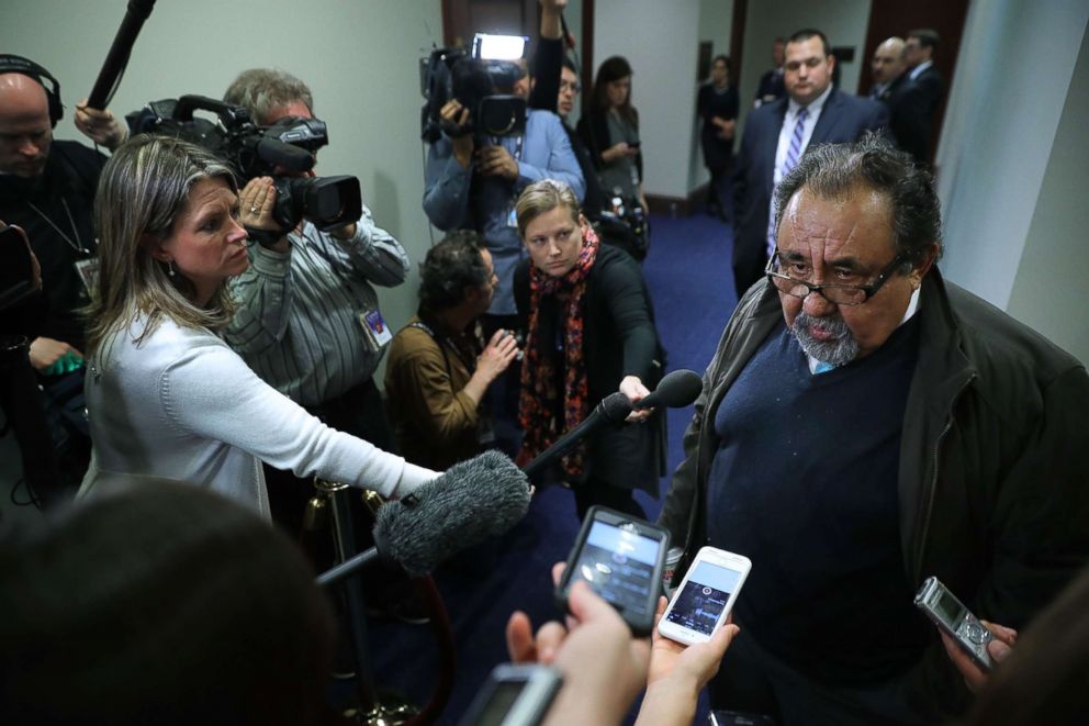 PHOTO: Rep. Raul Grijalva (D-AZ) talks to reporters as he leaves a House Democratic caucus meeting at the Capitol, Feb. 8, 2018. 