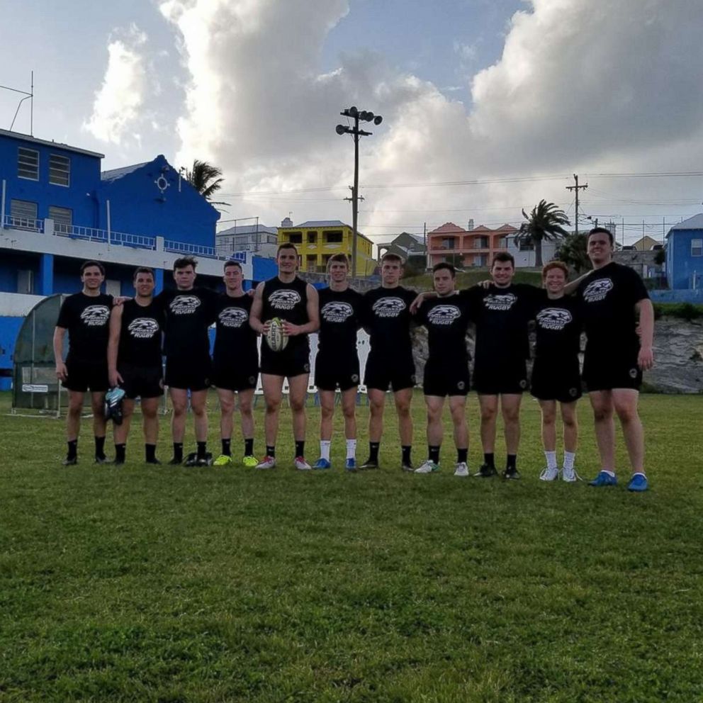 PHOTO: Mark Dombroski is pictured with his team mates on the Saint Josephs University rugby team as they prepared for their games in Bermuda.