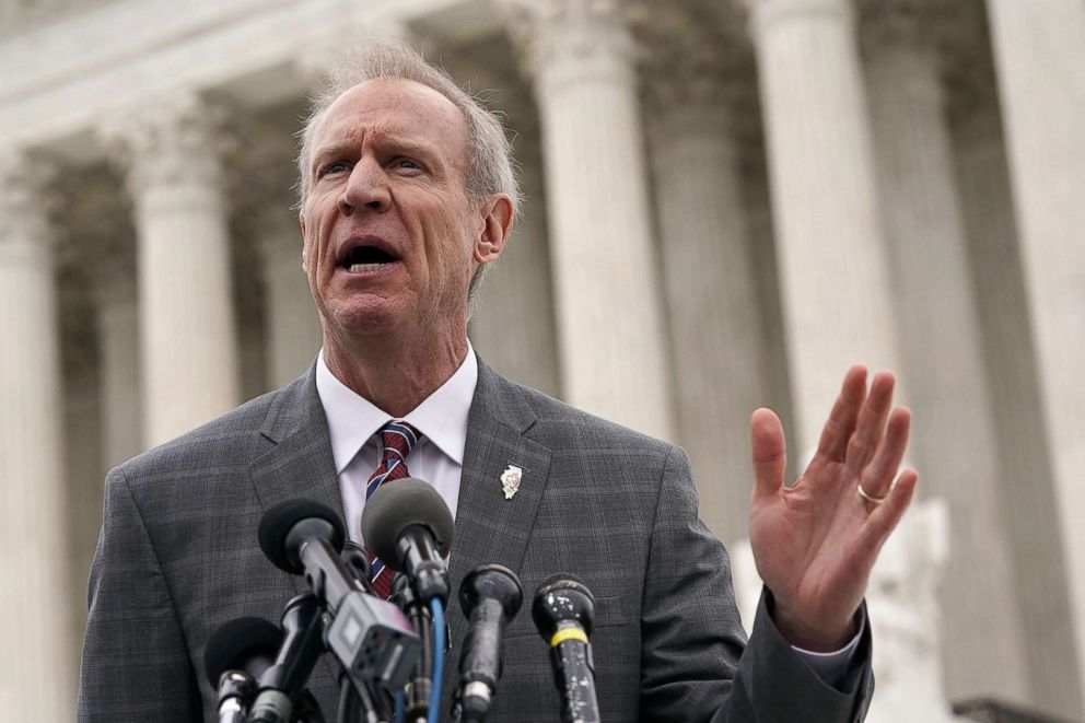 PHOTO: Governor of Illinois Bruce Rauner speaks to members of the media in front of the U.S. Supreme Court after a hearing, Feb. 26, 2018, in Washington.