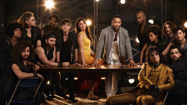 JESUS CHRIST SUPERSTAR LIVE IN CONCERT -- Season: 2018 --  Pictured: (l-r) center: Sara Bareilles as Mary Magdalene, John Legend as Jesus Christ, Brandon Victor Dixon as Judas Iscariot, Jason Tam as Peter, front: Alice Cooper as King Herod, with ensemble cast -- (Photo by: James Dimmock/NBC)