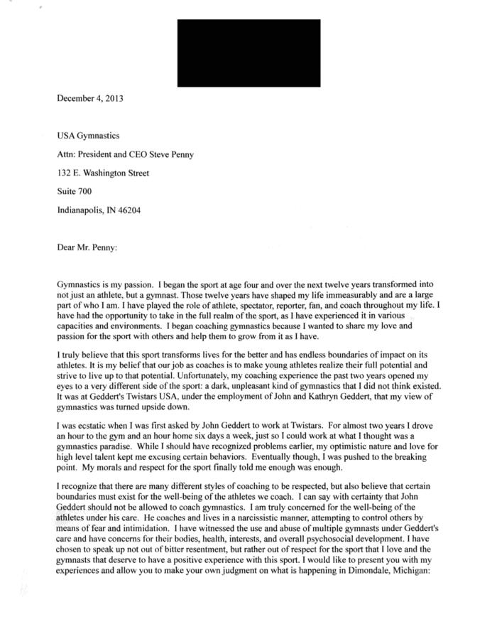 USAG learns about Geddert's abuse