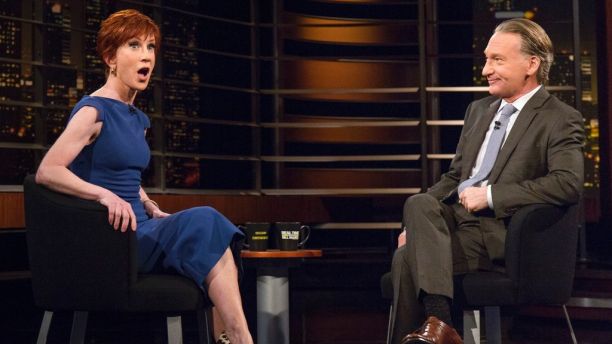 In this Friday, March 9, 2018 photo provided by HBO, comedian Kathy Griffin, left, appears with host Bill Maher on "Real Time With Bill Maher, in Los Angeles. Griffin is embarking on her comeback, some nine months after she provoked outrage â and lost much of her work â by posing with a fake severed head that appeared to depict President Donald Trump. Griffin announced on HBO's "Real Time With Bill Maher" on Friday night that she had just booked upcoming shows at New York's Carnegie Hall and at Washington's Kennedy Center â "Trump's backyard," she called it.  (Janet Van Ham/HBO via AP)