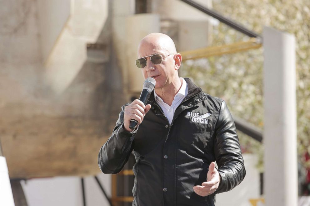 PHOTO: Jeff Bezos, chief executive officer of Amazon.com Inc. and founder of Blue Origin LLC, speaks at the unveiling of the Blue Origin New Shepard system during the Space Symposium in Colorado Springs, Colorado, April 5, 2017.