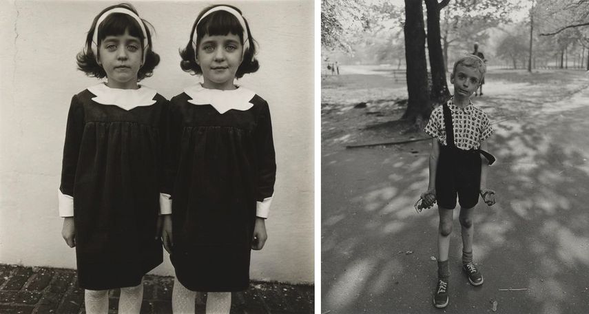 Identical twins, Roselle, N.J., 1966, 1966, Diane Arbus - Child with toy hand grenade, in Central Park, New York City, 1962