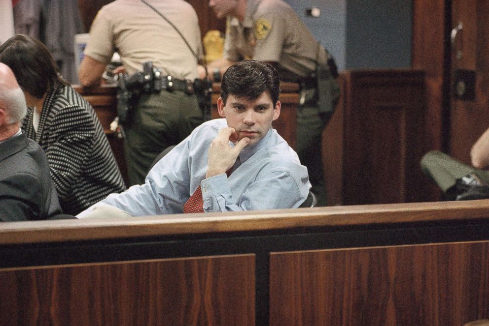 PHOTO: In this file photo, Lyle Menendez looks back at the spectators in the courtroom during final arguments in the second murder trial of Lyle and his brother Erik in the Van Nuys section of Los Angeles, Feb. 22, 1996.