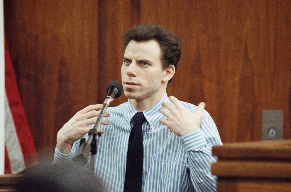 PHOTO: Erik Menendez gestures during lengthy testimony in Van Nuys courthouse in Los Angeles, Jan. 4, 1996, in this file photo. He and his brother Lyle are being retried for the 1989 murder of their parents in Beverly Hills, Calif.