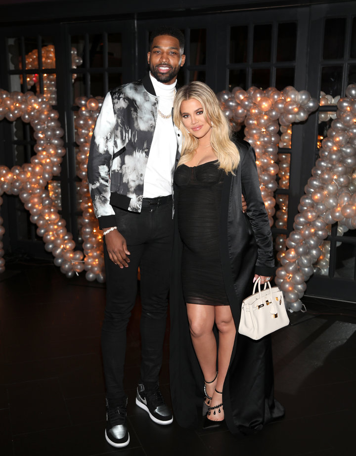 Tristan Thompson and Khloe Kardashian pose at his birthday party in March.&nbsp;