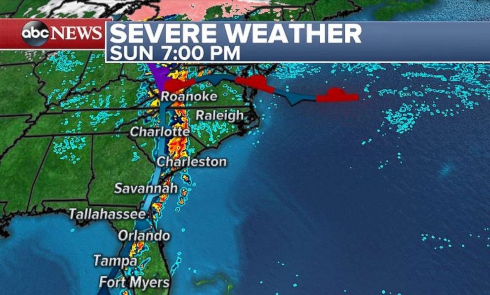 The Carolinas and Virginia will be most at risk for tornadoes on Sunday.