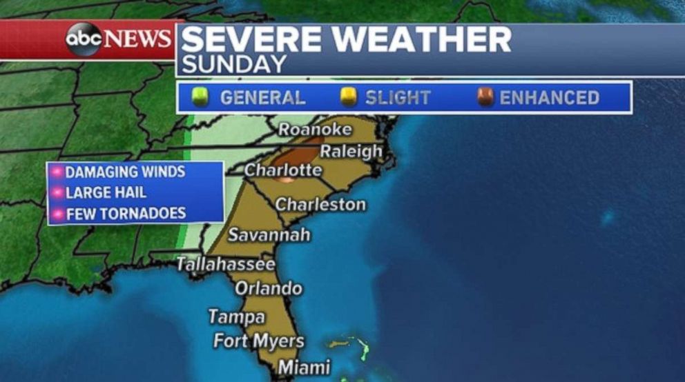 Damaging winds, hail and tornadoes are possible along the Southeast coast on Sunday.
