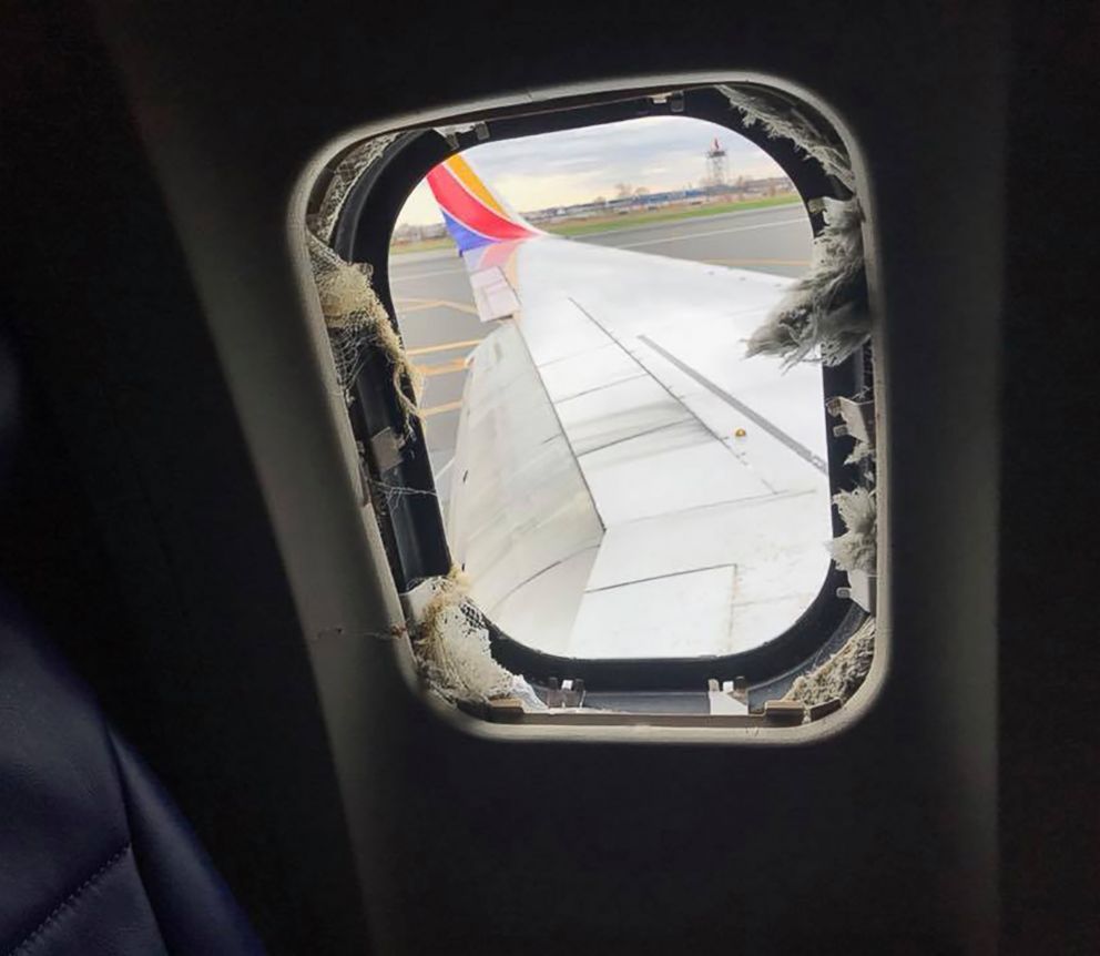 PHOTO: A blown out window taken from inside the Southwest Airlines plane that made an emergency landing at the Philadelphia airport, April 17, 2018.