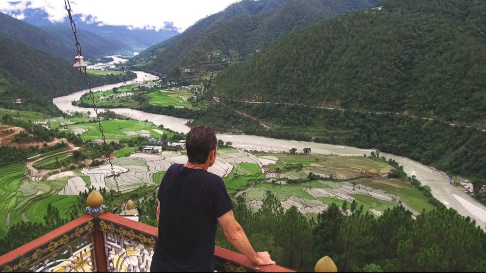 PHOTO: ABC News Bob Woodruff overlooking the freeflowing Mo Chuu or Female River in Bhutan which flows towards Punakha, the ancient seat Bhutanese seat of power.