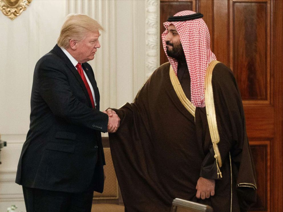 PHOTO: President Donald Trump shakes hands with Saudi Defense Minister and Deputy Crown Prince Mohammed bin Salman, in the State Dining Room of the White House in Washington, March 14, 2017.