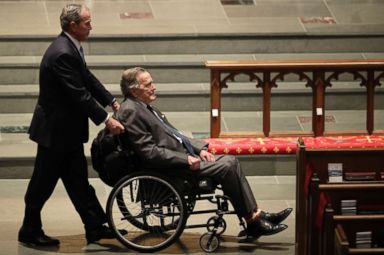 PHOTO: Former Presidents George W. Bush, left, and George H.W. Bush arrive at St. Martins Episcopal Church for a funeral service for former first lady Barbara Bush, April 21, 2018, in Houston.