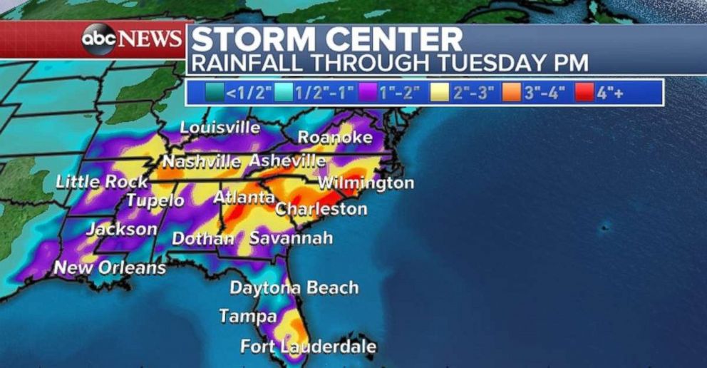 Rainfall totals will be heaviest through Georgia, South Carolina and North Carolina through Tuesday.