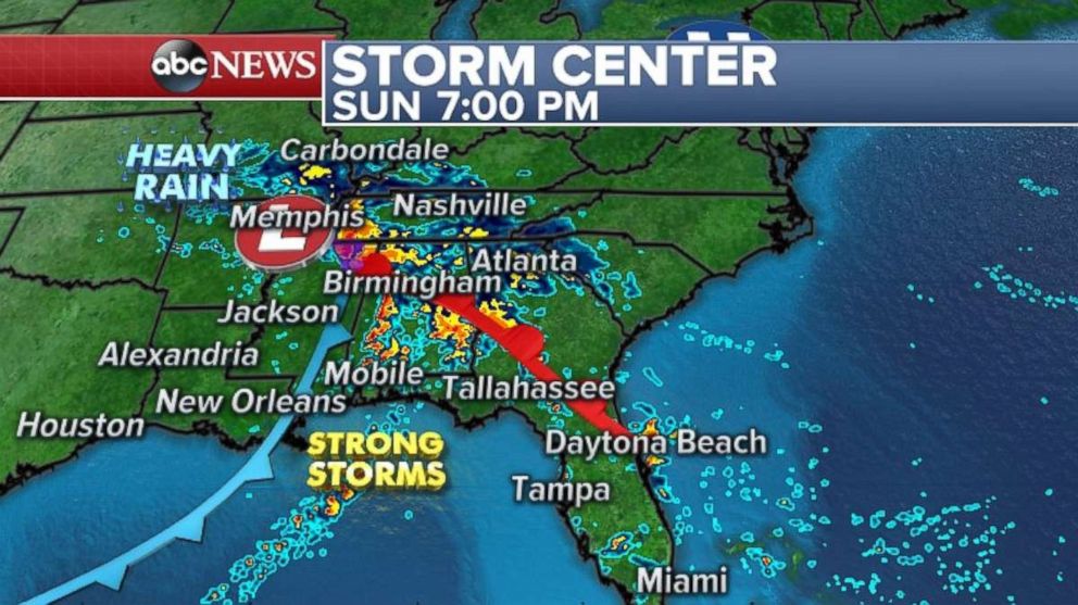 Strong storms are likely through Tennessee, Mississippi and Georgia on Sunday night.
