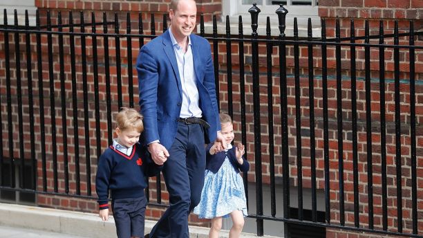 Britain's Prince William arrives with Prince George and Princess Charlotte back to the Lindo wing at St Mary's Hospital in London London, Monday, April 23, 2018.