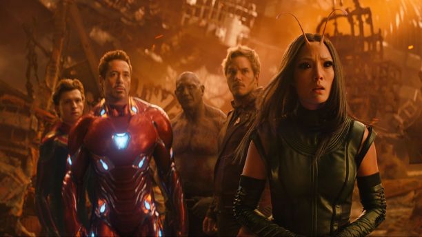 This image released by Marvel Studios shows, from left, Tom Holland, Robert Downey Jr., Dave Bautista, Chris Pratt and Pom Klementieff in a scene from "Avengers: Infinity War."