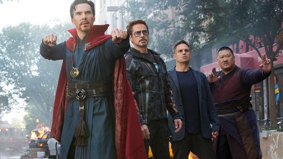 This image released by Marvel Studios shows, from left, Benedict Cumberbatch, Robert Downey Jr., Mark Ruffalo and Benedict Wong in a scene from "Avengers: Infinity War."