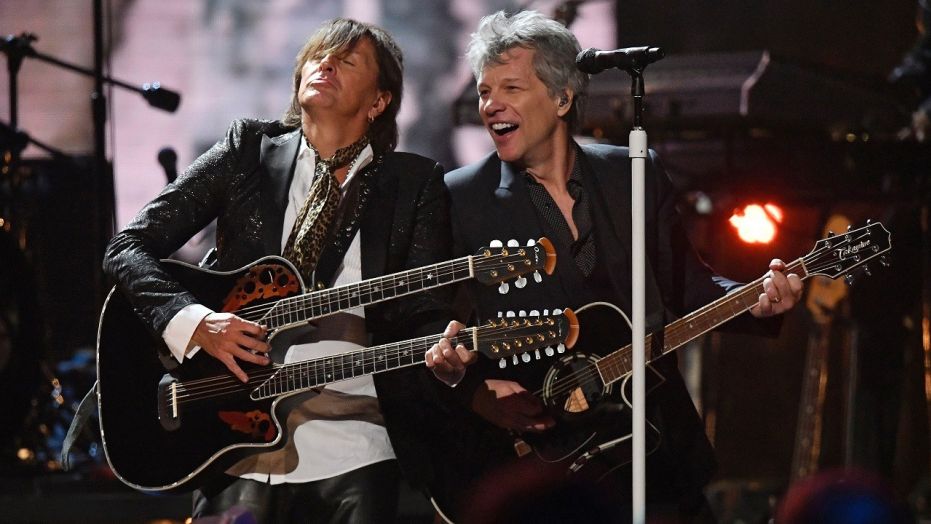 Richie Sambora, left, and Jon Bon Jovi perform during the Rock and Roll Hall of Fame induction ceremony, Saturday, April 14, 2018, in Cleveland.