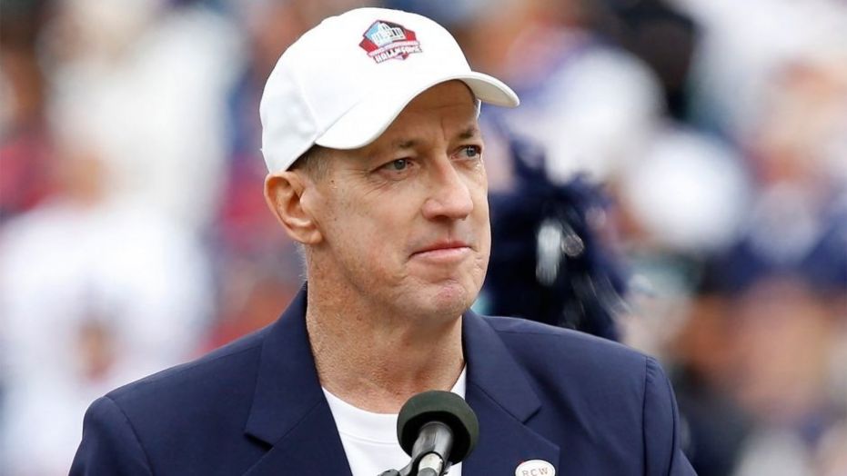 Sep 14, 2014; Orchard Park, NY, USA; Former Buffalo Bills quarterback Jim Kelly gives a speech during a tribute to Ralph Wilson before the game between the Buffalo Bills and the Miami Dolphins at Ralph Wilson Stadium. Mandatory Credit: Kevin Hoffman-USA TODAY Sports