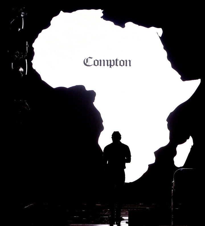 A silhouette of Africa with "Compton" written on it was projected on a video screen as Lamar performed during the 2016 Grammy