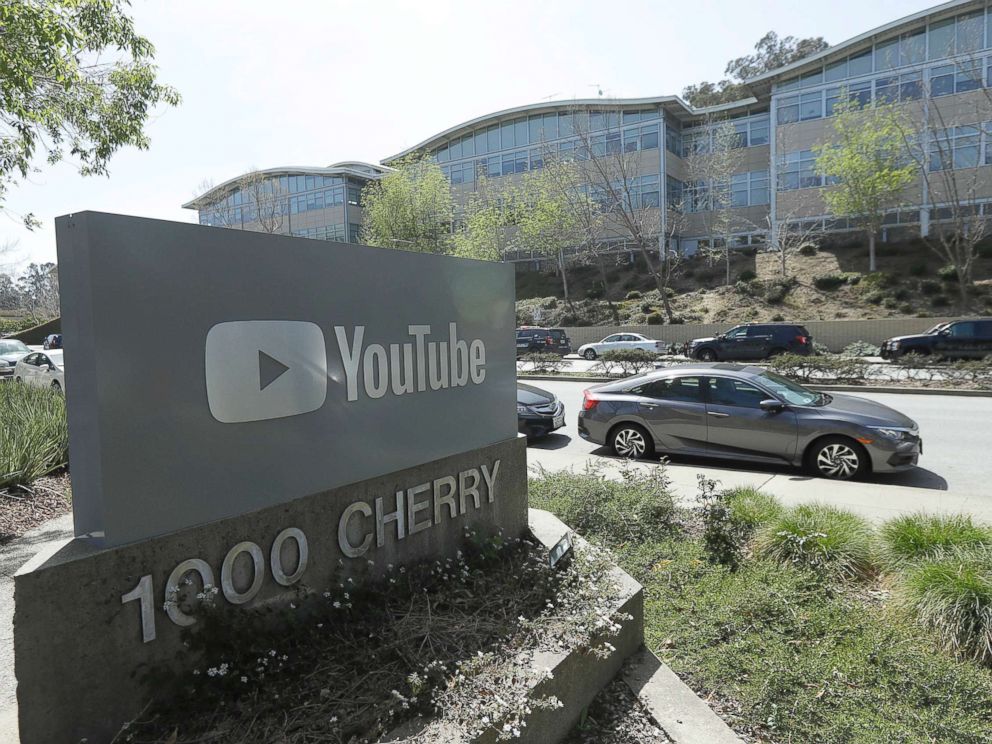 PHOTO: A YouTube sign is shown across the street from the companys offices in San Bruno, Calif., April 3, 2018.
