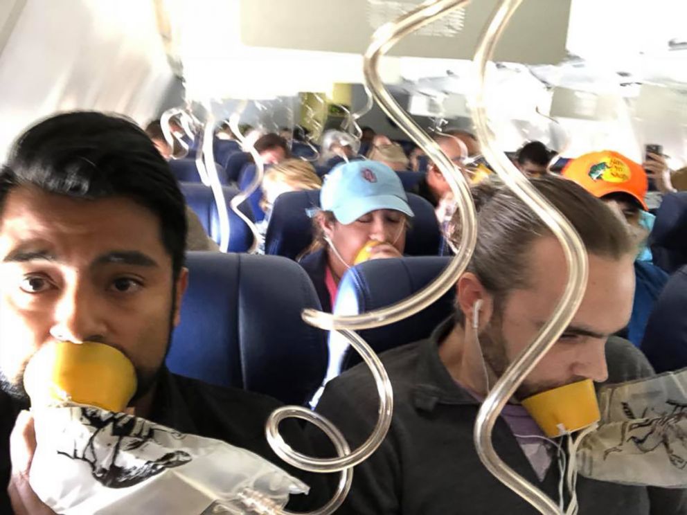 PHOTO: Passengers aboard a Southwest Airlines flight that made an emergency landing at the Philadelphia airport, April 17, 2018.