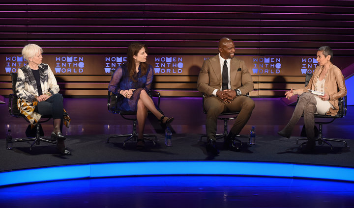 From left to right, Joanna Coles, Lauren Duca, Terry Crews and moderator Zainab Salbi are seen at the Women in the World Summ