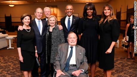 Former presidents and first ladies, including Bill and Hillary Clinton and Barack and Michelle Obama, as well as current first lady Melania Trump, join George H.W. Bush, George W. Bush and Laura Bush at the funeral ceremony for the late first lady Barbara Bush on April 21, 2018.