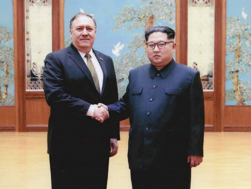 PHOTO: CIA director Mike Pompeo shakes hands with North Korean leader Kim Jong Un in this undated image in Pyongyang, North Korea. 