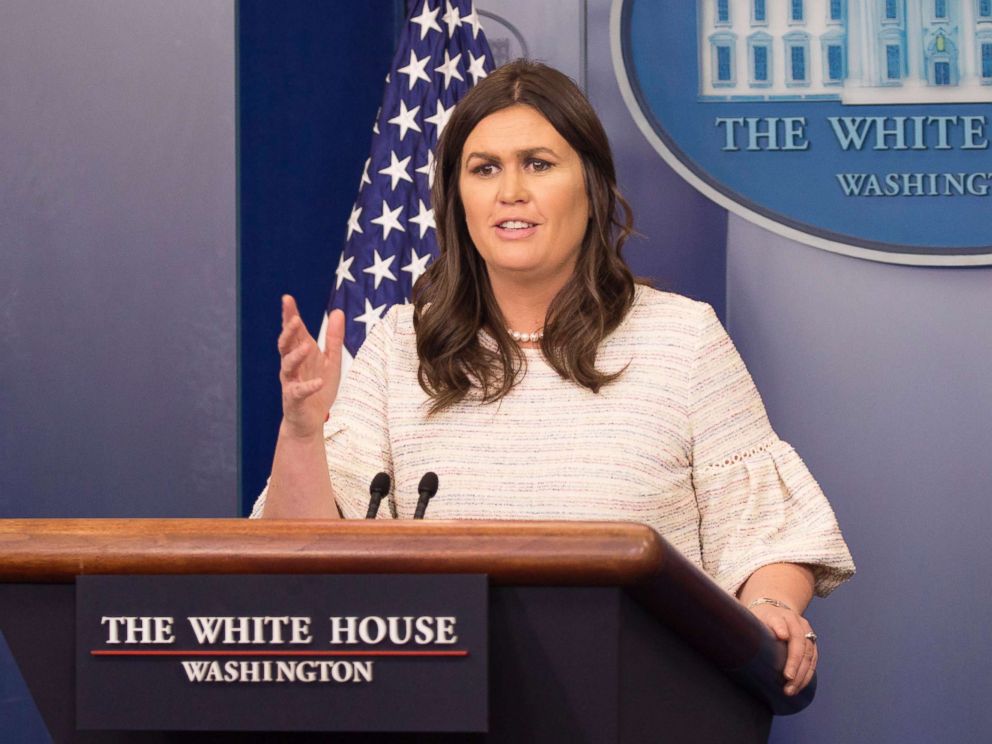 PHOTO: White House spokesperson Sarah Sanders conducts news briefing at The White House in Washington, D.C., April 11, 2018.