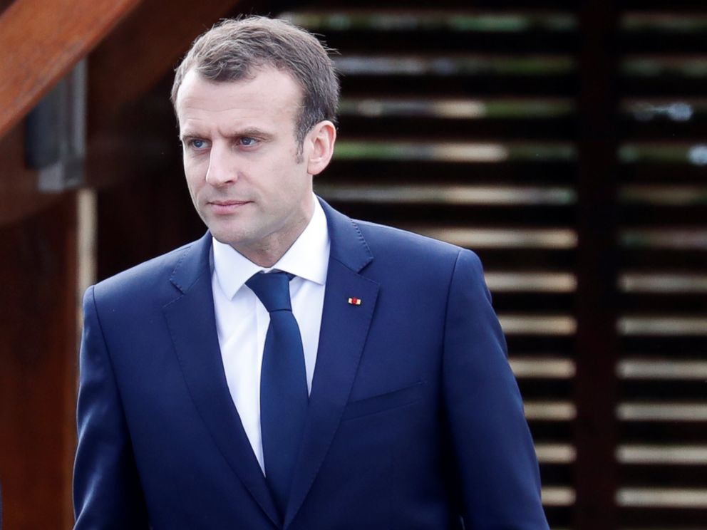PHOTO: French President Emmanuel Macron arrives at an elementary school to attend a one-hour interview with French news channel TF1, in Berdhuis, France, April 12, 2018.