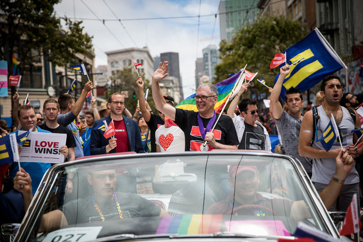 Supreme Court plaintiff Jim Obergefell rides in a convertible in the San Francisco Gay Pride Parade on June 28, 2015. Obergef