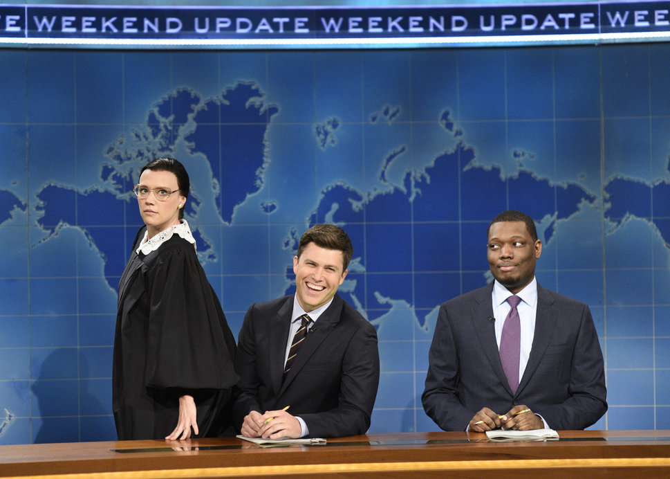From left, Kate McKinnon as Ginsburg with Colin Jost and Michael Che during "Saturday Night Live"&nbsp;on&nbsp;Oct. 7, 2017.