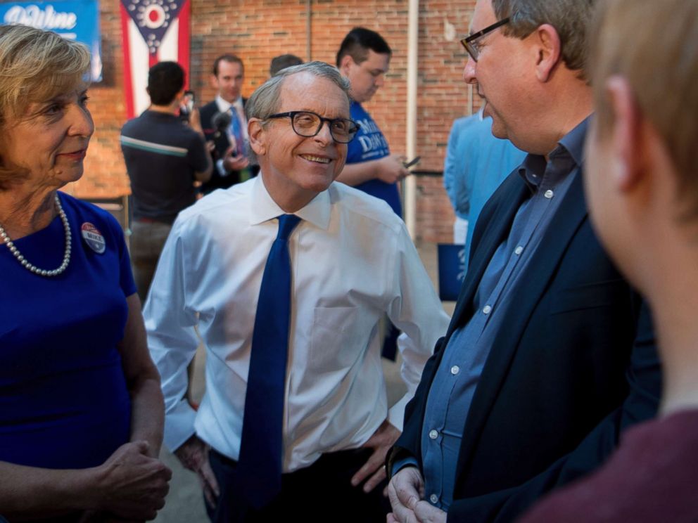 PHOTO: Ohio Attorney General and Republican gubernatorial candidate Mike DeWine greets supporters at a primary election night event, May 8, 2018, in Columbus, Ohio. 