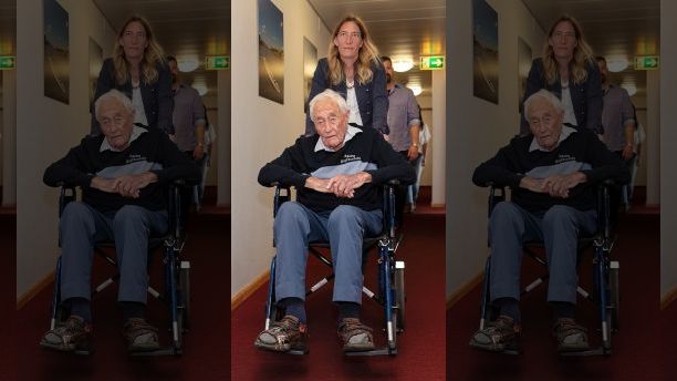 104-year-old Australian scientist David Goodall is on the way to his press conference a day before his assisted suicide in Basel, Switzerland, on Wednesday, May 9, 2018. (Georgics Kefalas/Keystone via AP)