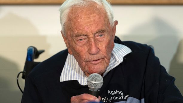 104-year-old Australian scientist David Goodall speaks during a press conference a day before his assisted suicide in Basel, Switzerland, on Wednesday, May 9, 2018. (Georgios Kefalas/Keystone via AP)