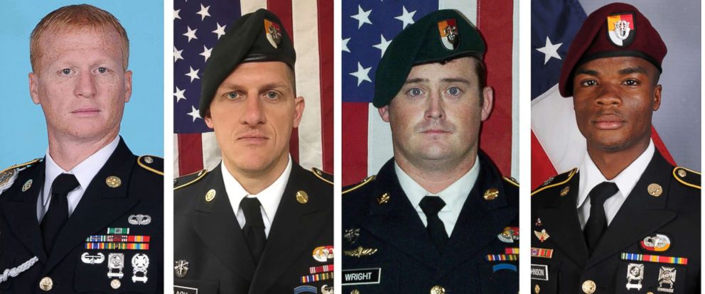 PHOTO: These handout photos released Oct. 8, 2017, show, (L to R), U.S. Army Special Forces Sergeants Jeremiah Johnson, Bryan Black, Dustin Wright and La David Johnson killed in Niger, West Africa on Oct. 4, 2017. 