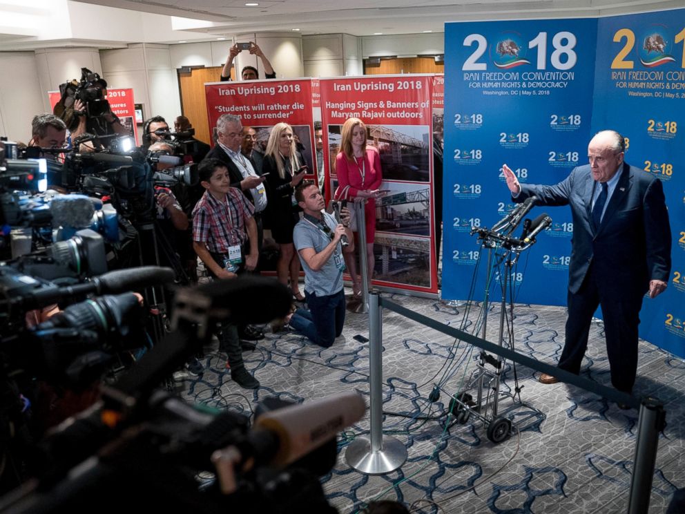 Rudy Giuliani, an attorney for U.S. President Donald Trump, speaks to reporters after speaking at the Iran Freedom Convention for Human Rights and democracy at the Grand Hyatt, Saturday, May 5, 2018, in Washington.