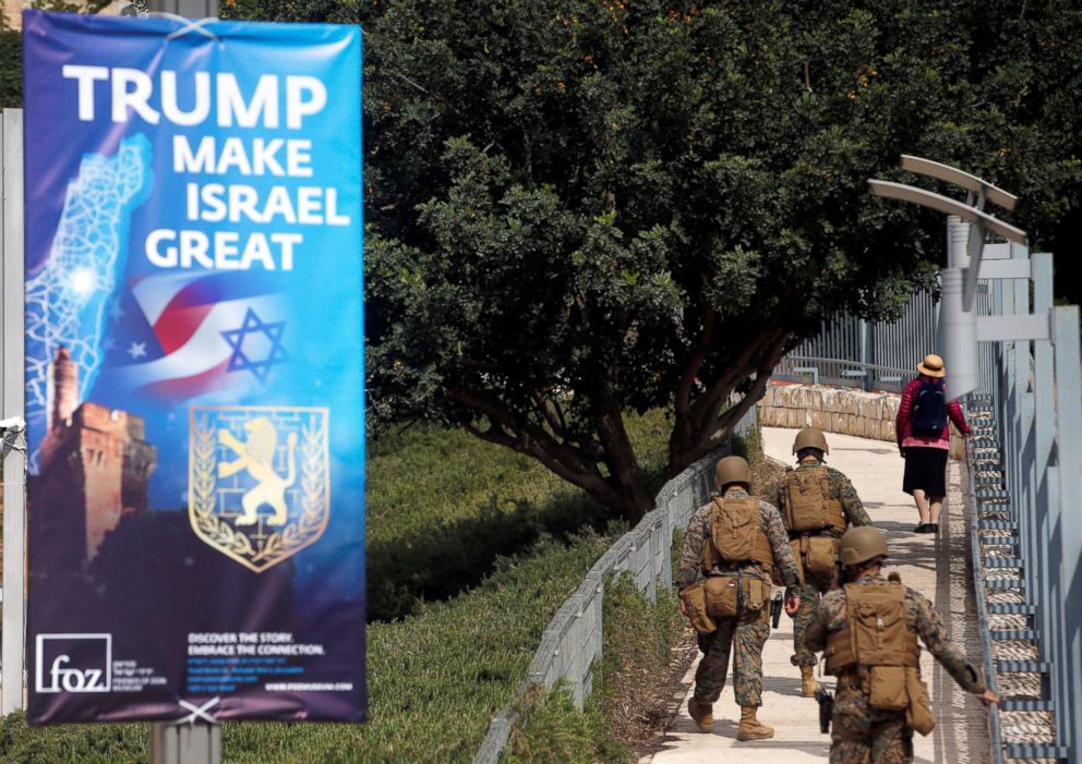 PHOTO: Military personnel patrol next to a sign welcoming the move of the U.S. embassy to Jerusalem, near the location of the new U.S. embassy in Jerusalem, May 13, 2018.