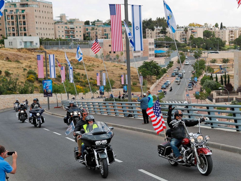 PHOTO: Israeli motorcycle club, Samson Riders, lead a convoy of Harley Davidson riders in the streets of Jerusalem, May 13, 2018, as they ride from the current location of the American embassy in Tel Aviv towards the new location in Jerusalem.